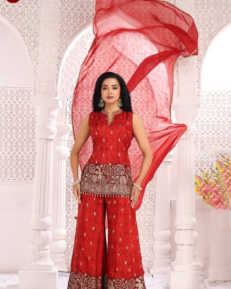 4080 Red Royal Zardozi Suit Set — Full Silhouette