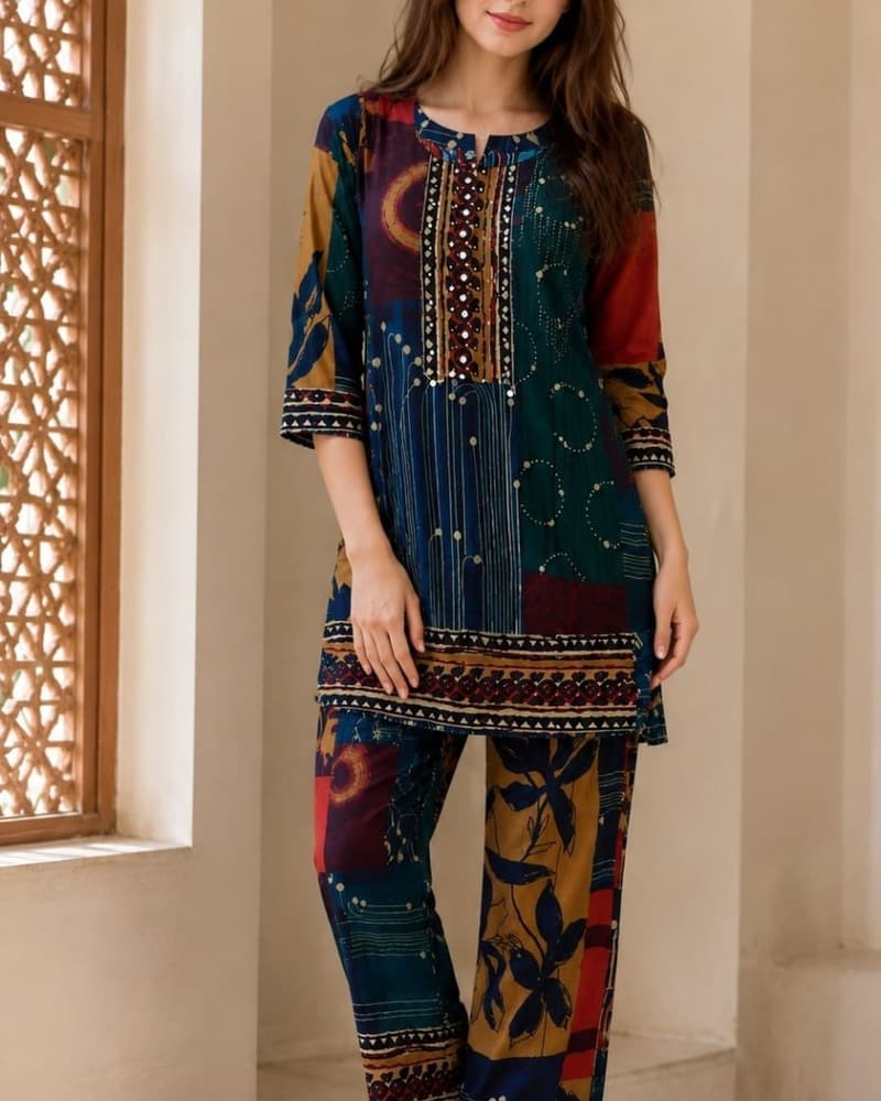 5908 All Over Printed Kurti Set — Full Silhouette
