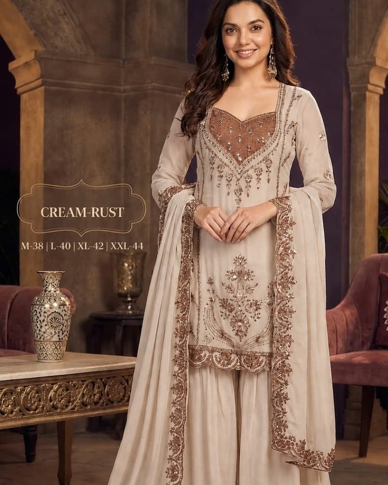 Cream Rust 5101 Zardozi Sharara Set — Full Silhouette
