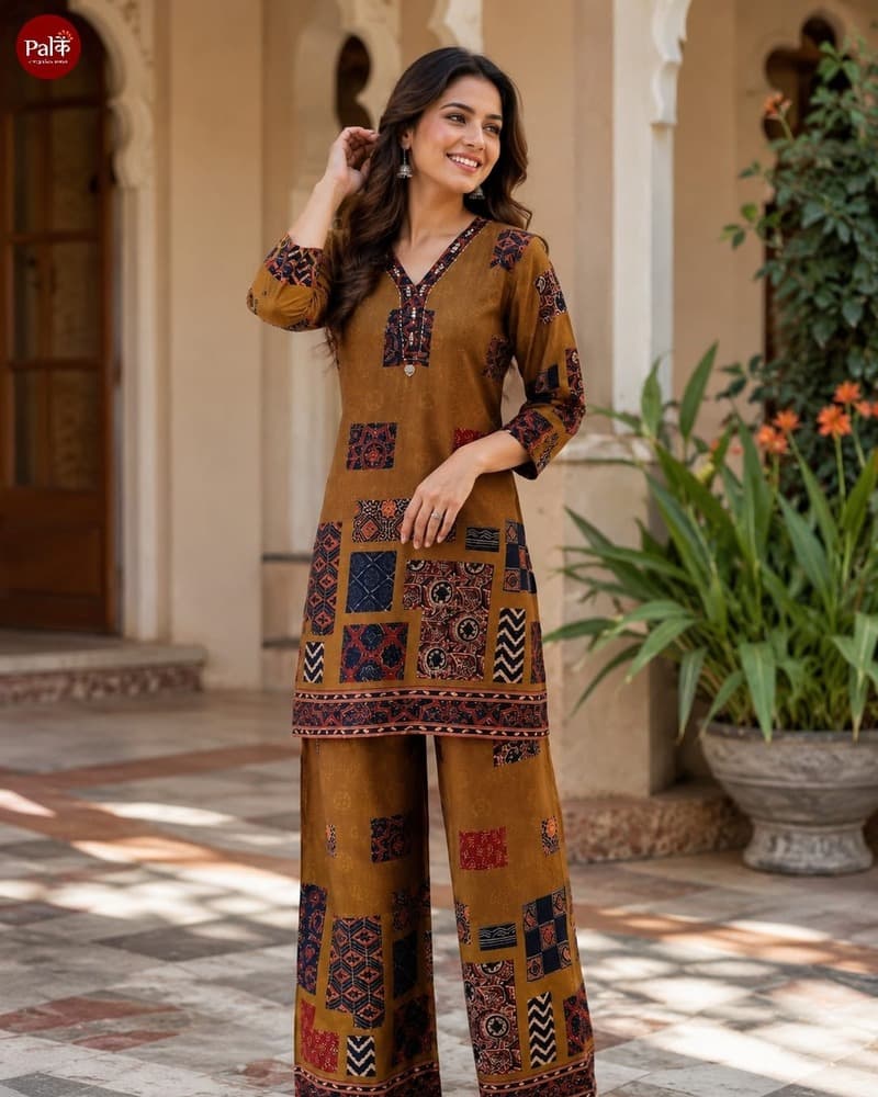 5908 Mustard Printed Suit Set — Full Silhouette