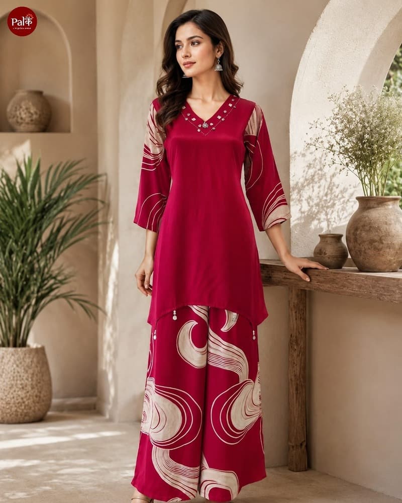 6038 Red Floral Cambric Kurti Set — Full Silhouette