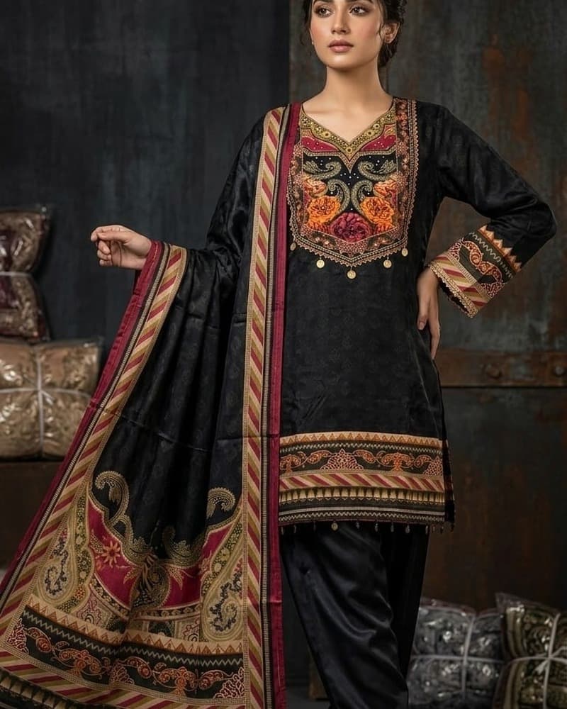 1742 Black Folk Embroidered Ensemble — Full Silhouette