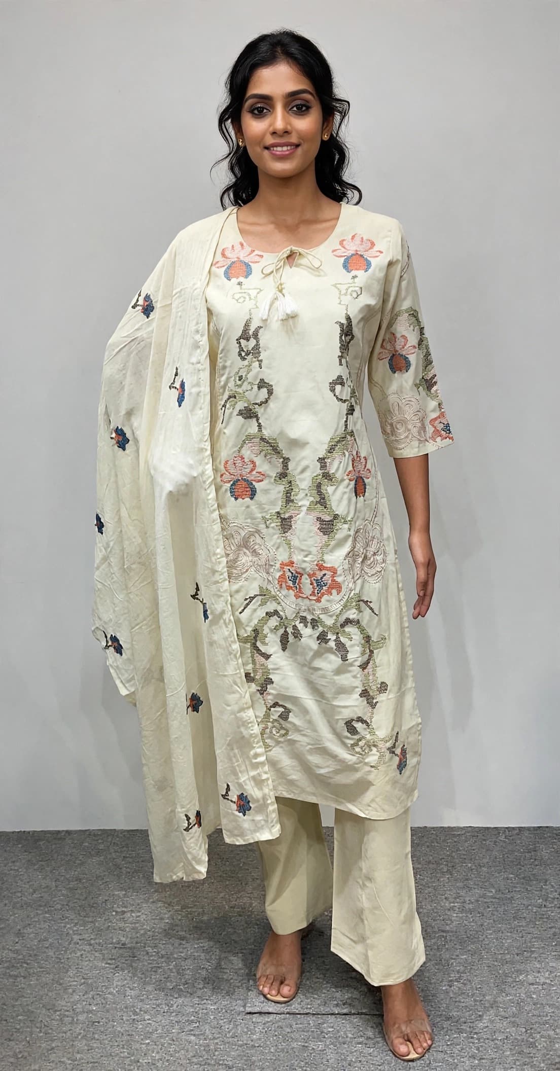 DES-16617 Cream Suit Set — Full Silhouette