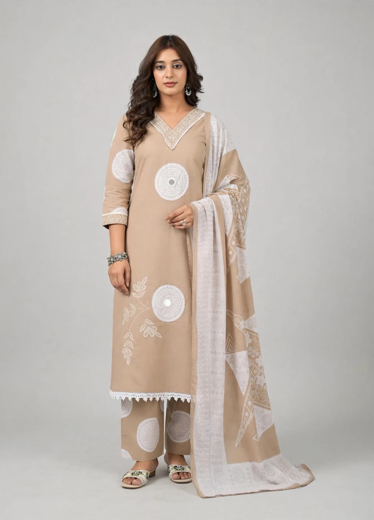 DES-18453 Beige-Chiku Suit Set — Full Silhouette