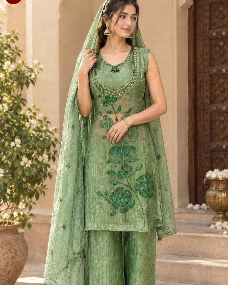 Sk098 Green Mirror Sharara Set — Full Silhouette
